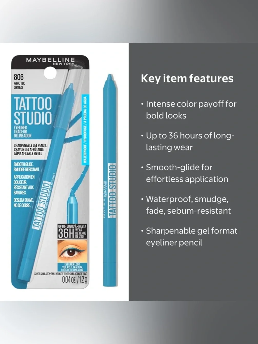 Maybelline Tattoo Studio Waterproof Gel Eyeliner Pencil - Arctic Skies, NEW